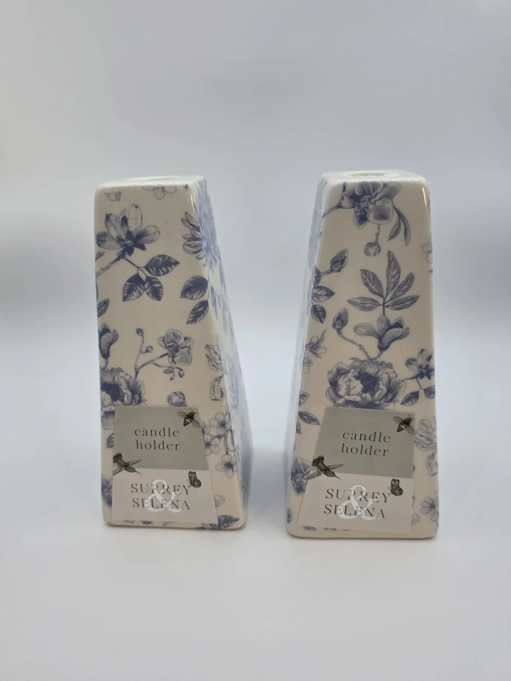 Blue Floral Ceramic Candle Holder - Set of 2